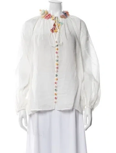Pre-owned Zimmermann Floral Print Tie Neck Blouse In White