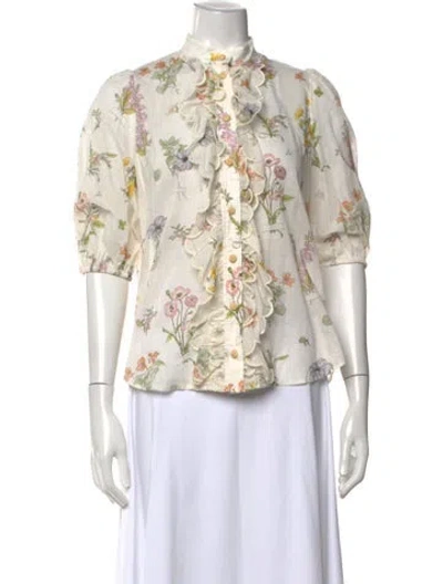 Pre-owned Zimmermann Floral Print Tie Neck Blouse In White