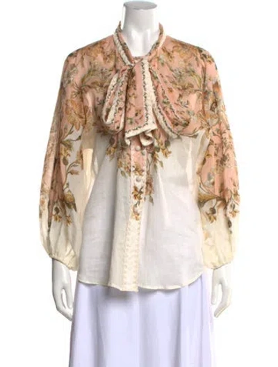 Pre-owned Zimmermann Floral Print Tie Neck Blouse In White