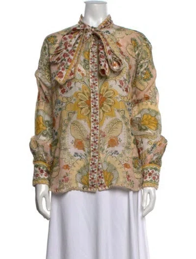 Pre-owned Zimmermann Floral Print Tie Neck Blouse In Yellow