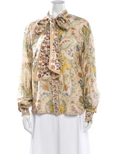 Pre-owned Zimmermann Floral Print Tie Neck Blouse In Yellow