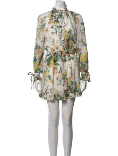 Pre-owned Zimmermann Floral Print Tie Neck Jumpsuit In White