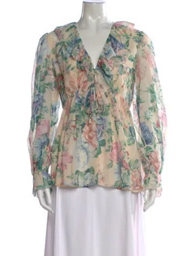 Pre-owned Zimmermann Floral Print V-neck Blouse In Brown