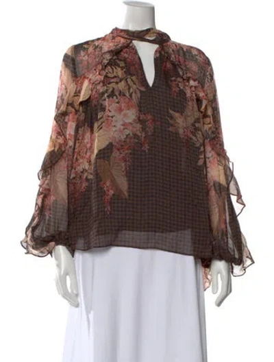 Pre-owned Zimmermann Floral Print V-neck Blouse W/ Tags In Brown