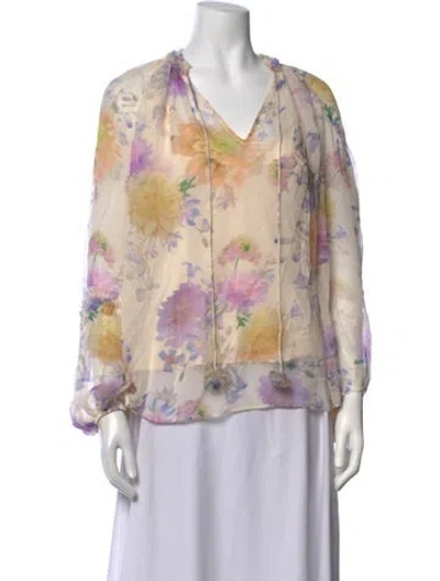 Pre-owned Zimmermann Floral Print V-neck Blouse W/ Tags In Neutrals