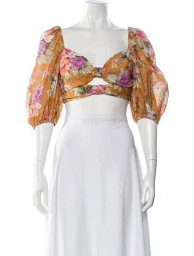 Pre-owned Zimmermann Floral Print V-neck Crop Top In Orange
