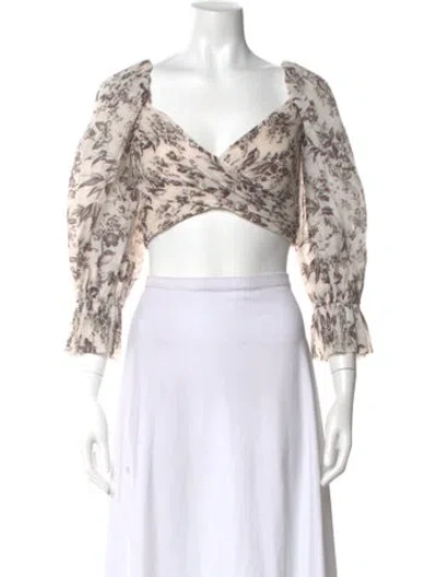 Pre-owned Zimmermann Floral Print V-neck Crop Top W/ Tags In Neutral