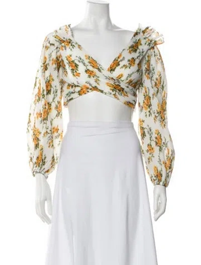 Pre-owned Zimmermann Floral Print V-neck Crop Top In White