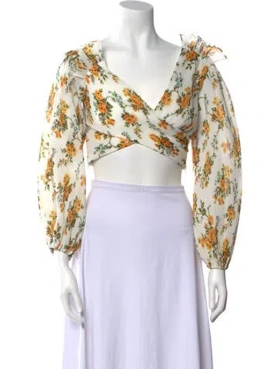 Pre-owned Zimmermann Floral Print V-neck Crop Top In White