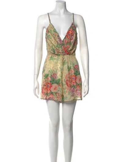 Pre-owned Zimmermann Floral Print V-neck Romper In Gray