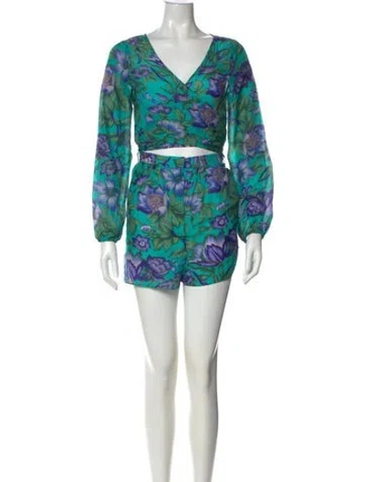 Pre-owned Zimmermann Floral Print V-neck Romper In Green