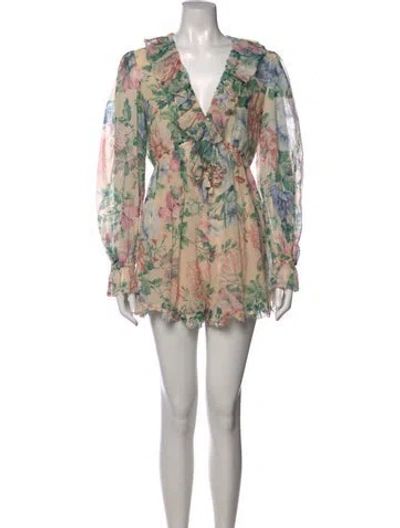 Pre-owned Zimmermann Floral Print V-neck Romper In Neutrals