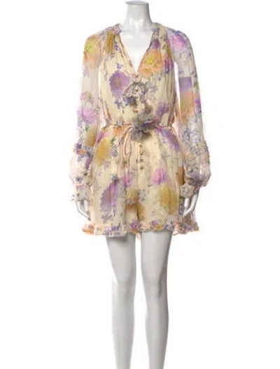 Pre-owned Zimmermann Floral Print V-neck Romper In Neutrals