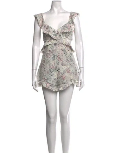 Pre-owned Zimmermann Floral Print V-neck Romper In Neutrals