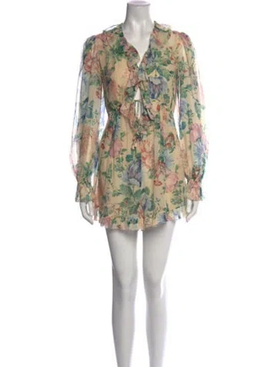 Pre-owned Zimmermann Floral Print V-neck Romper In Neutrals