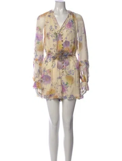Pre-owned Zimmermann Floral Print V-neck Romper W/ Tags In Neutrals