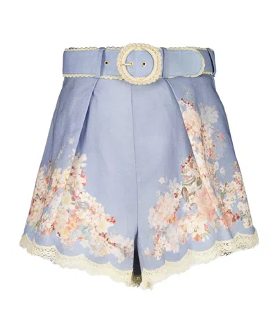 Zimmermann Floral Printed Pleated Belted Shorts In Purple