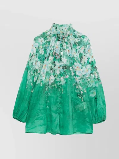 ZIMMERMANN FLORAL RUFFLE BLOUSE HIGH NECK
