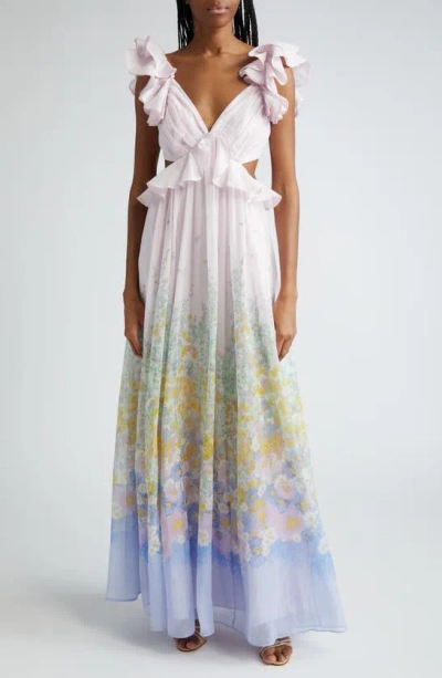 Zimmermann Floral Ruffle Linen & Silk Gown In Blue Meadow