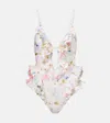 Zimmermann Multicolour Floral Swimsuit With Ruffled Edges And Adjustable Ties In Multi