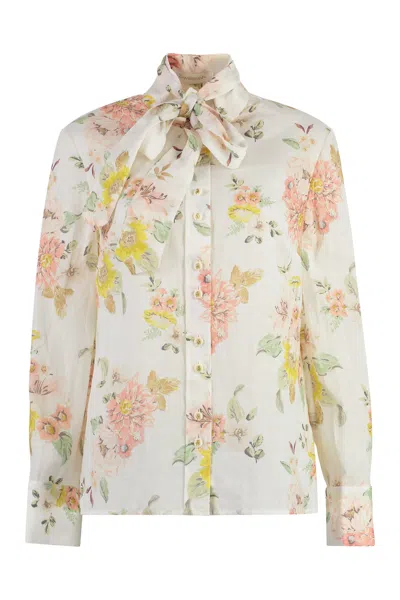 Zimmermann Floral Satin Blouse With Bow Fastening For Women In Ivory