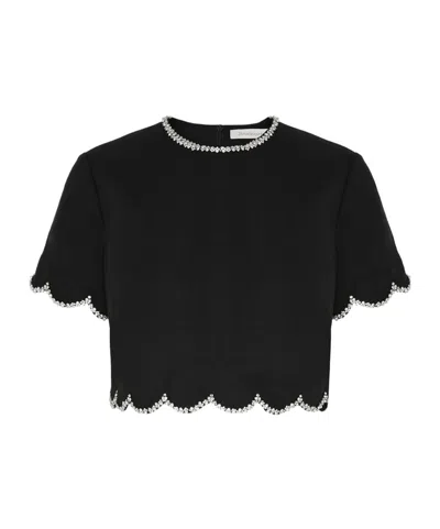 Zimmermann Crush Cropped Crystal-embellished Linen Top In Black