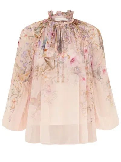 Zimmermann Floral Sheer Tie-neck Blouse In Pink