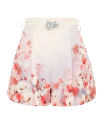 Zimmermann Red Low Waist Floral Silk And Cotton Shorts In Neutral