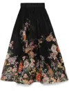 Zimmermann Pavilion Floral-print Linen And Silk-blend Midi Skirt In Black