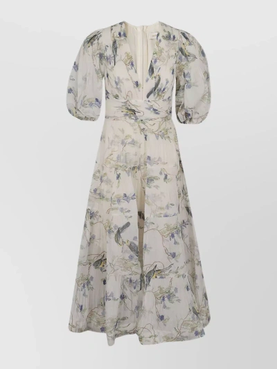 Zimmermann Floral Tiered Midi Dress With Puff Sleeves In Blue