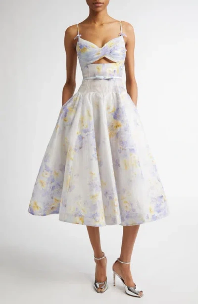 ZIMMERMANN ZIMMERMANN FLORAL TWIST FRONT CUTOUT ORGANZA MIDI DRESS