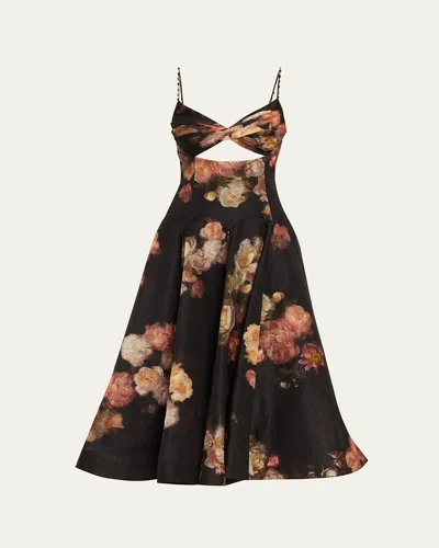Zimmermann Floral Twist-front Midi Dress In Black