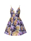 Zimmermann Luna Gathered Floral-print Linen And Silk-blend Mini Dress In Purple