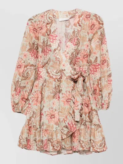Zimmermann Gathered Cuff Sleeves Mini Dress With Self-tie Belt In Multi