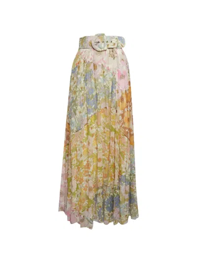 Pre-owned Zimmermann Floral-print Belted Maxi Skirt In Neutral