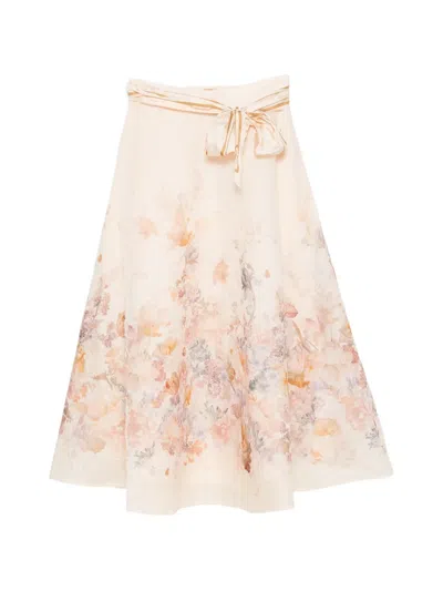 Zimmermann Floral-print Belted Midi Skirts In Neutral
