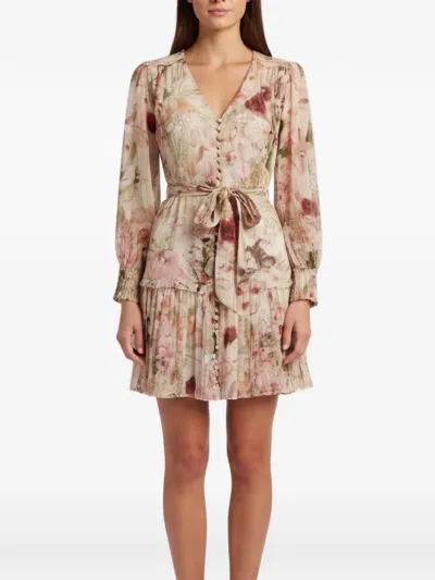 Pre-owned Zimmermann Floral-print Belted Mini Dress In Neutrals