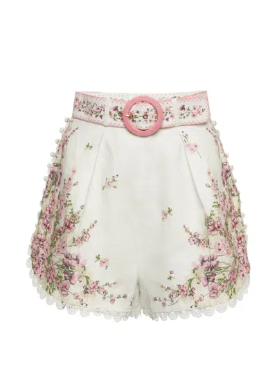 Pre-owned Zimmermann Floral-print Belted Mini Shorts In White