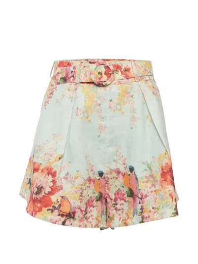 Pre-owned Zimmermann Floral-print Belted Shorts In Blue
