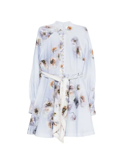 Zimmermann Floral-print Button-fastening Mini Dress In Blue