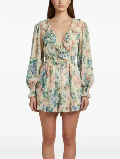 Pre-owned Zimmermann Floral-print Cotton Playsuit In Neutral