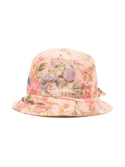 Zimmermann Kids' Floral-print Drawstring Bucket Hat In Pink