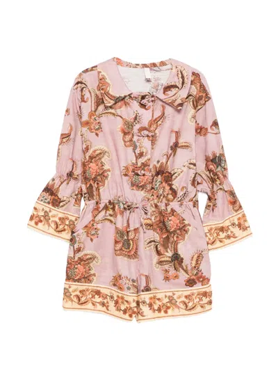 Zimmermann Kids' Floral-print Drawstring Playsuit In Pink