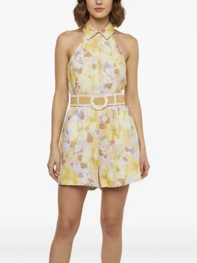 Pre-owned Zimmermann Floral-print Halterneck Playsuit In Yellow