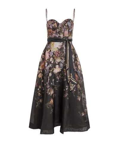 Zimmermann Floralprint Linen And Silkblend Midi Dress In Black
