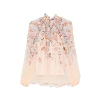 Zimmermann Multicolor Tiered Neck Tie Blouse With Frill Collar And Cami In Neutral