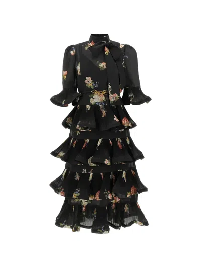Zimmermann Floral-print Pleated Dress In Black