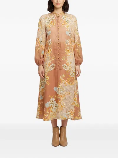 Pre-owned Zimmermann Floral-print Puff-sleeve Shirt And Skirt Set In Orange