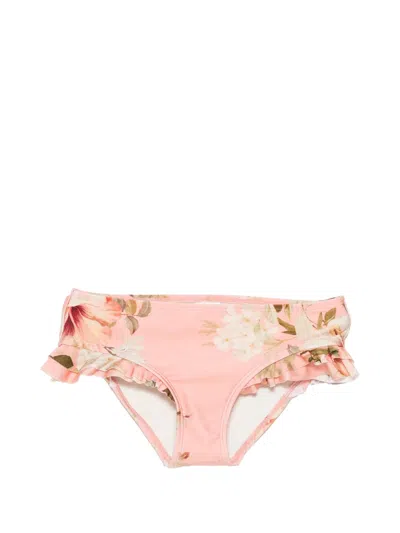 Zimmermann Kids' Floral-print Ruffled Bikini Bottoms In Pink