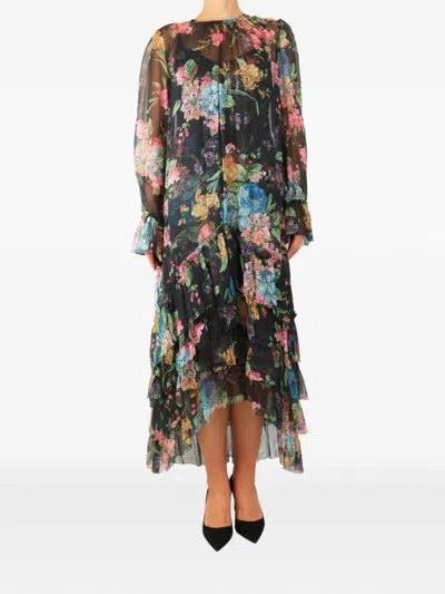 Pre-owned Zimmermann Floral-print Ruffled Dress In Black